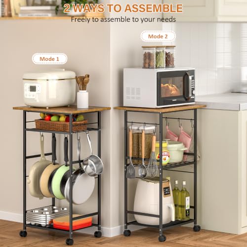 3-Tier Rolling Kitchen Microwave Cart with Adjustable Shelf & Hooks