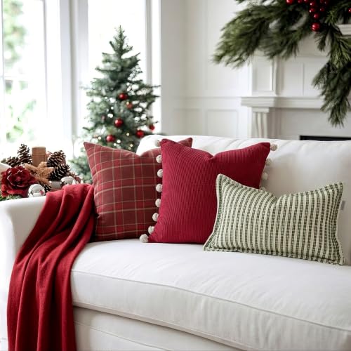 Red Boho Pom Pom Throw Pillow Cover 20x20 Inches - Pack of 1, Decorative Cushion Cover
