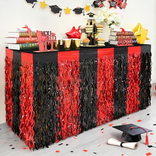 4 Pack Metallic Foil Fringe Table Skirts, Red and Black Graduation Decor