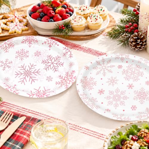 Temicle Rustic 50 Pcs Christmas Oval Paper Plates 9 x 11in Pink Snowflake – Disposable Holiday Dinner Plates