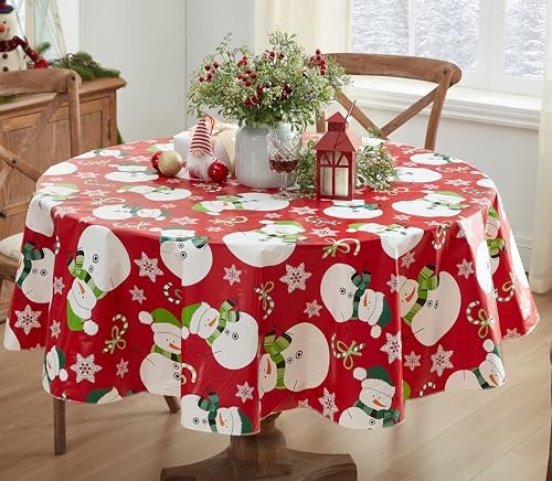 Newbridge 70-Inch Round Red Snowman Christmas Vinyl Tablecloth with Flannel Backing
