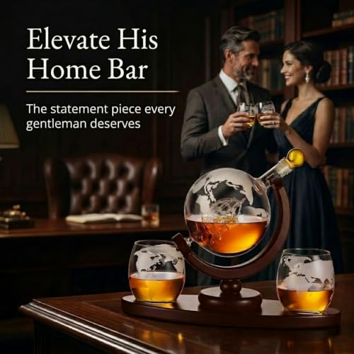 Godinger Whiskey Decanter Globe Set with 2 Etched Glasses, 850ml - Gift for Men