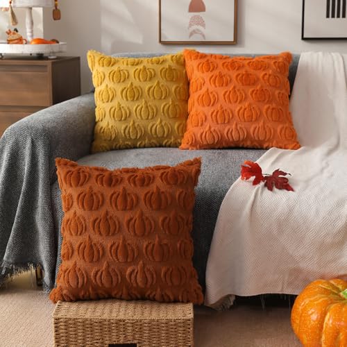 Fall Pillow Covers 18x18 Set of 2 - Soft Plush Rust Pumpkin Cushion Cases