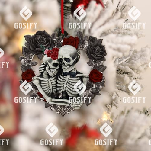Gosify Skull Couple Ornament Rose for Christmas Decor - Skeleton Couple Xmas Tree Decoration