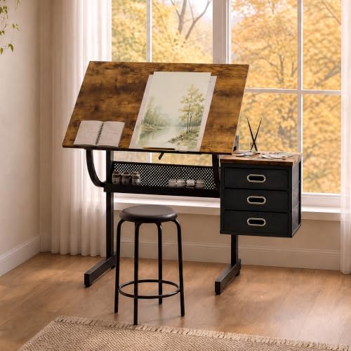 Adjustable Drafting Table with 3 Drawers and Stool, Brown Art Workstation