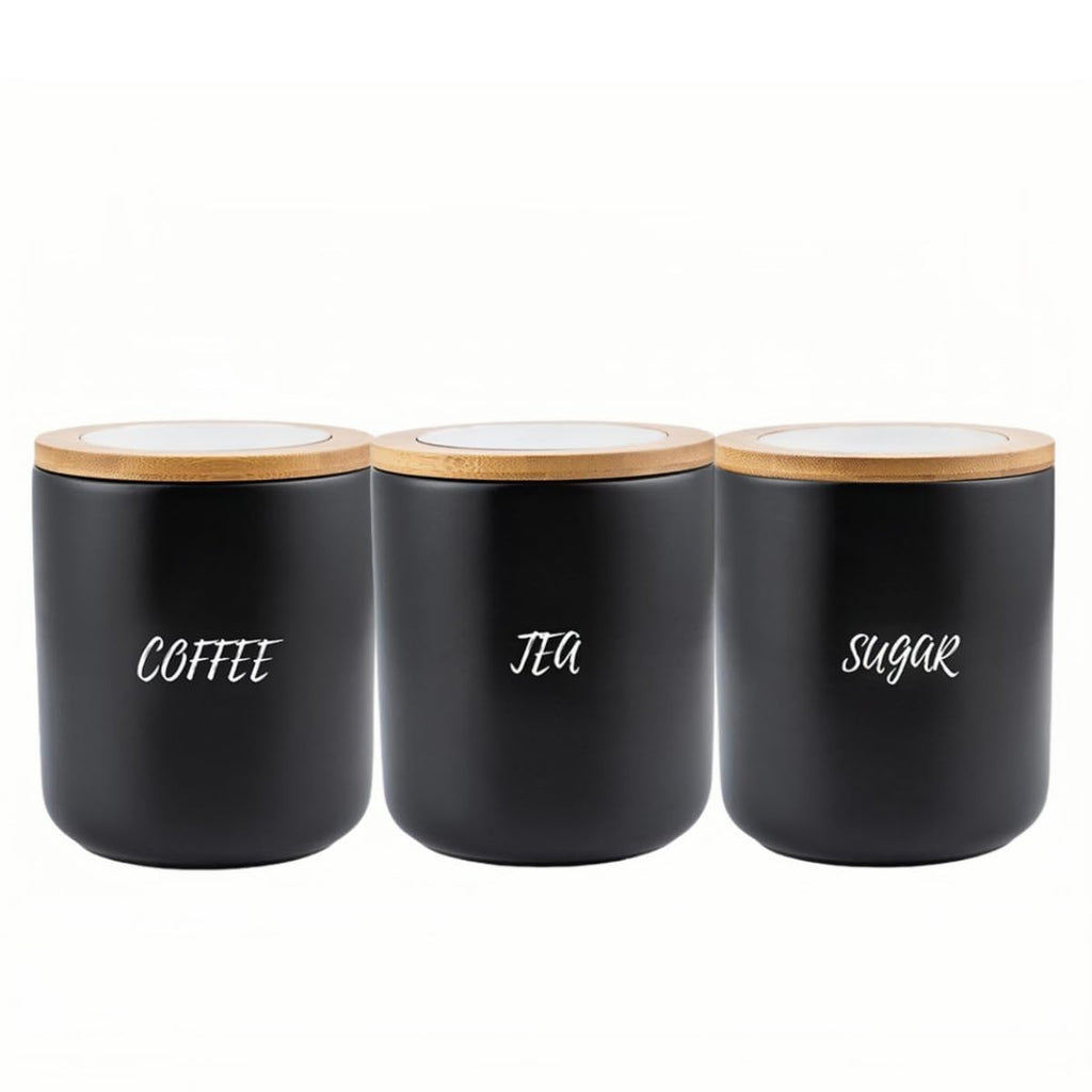 Coffee Tea Sugar Canisters, Kitchen Canister Sets for Kitchen Counter for the Kitchen Countertop, Set of 3 Ceramic Food Storage Jar with Lid, Coffee Tea Sugar Containers (Black)