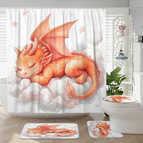 4-Piece Cute Sleeping Dragon Bathroom Set with Shower Curtain & Bath Rugs