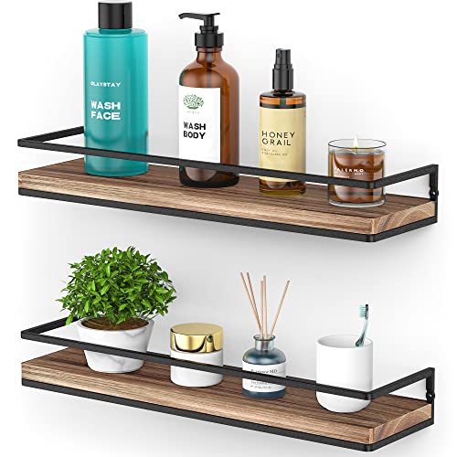 Rustic Floating Wall Shelves - Solid Wood Industrial Storage Set of 2