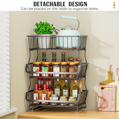 3-Tier Rolling Pantry Organizer Cart with Stackable Wire Fruit Baskets