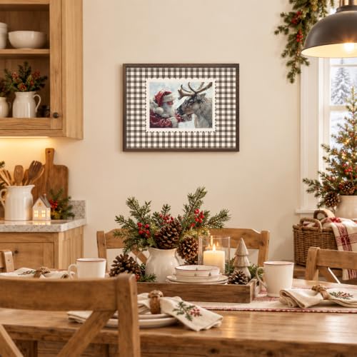 Vintage Santa Claus and Reindeer Wall Art Christmas Print Framed 16L x 12W Brown