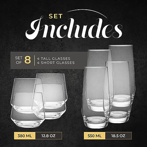 Kitchen Lux 8-Piece Glasses Set - 4 Highball & 4 Rocks Drinkware
