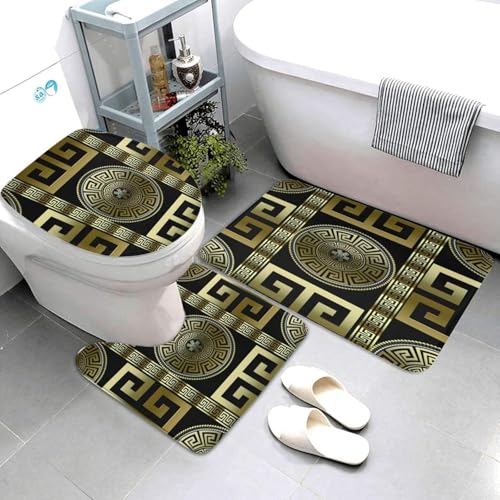 Black Gold Greek Key 4-Piece Bathroom Set - Shower Curtain & Non-Slip Mats