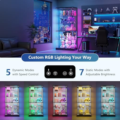 5-Tier Glass Display Cabinet with RGB LED Lights, Lock and Motion Sensor