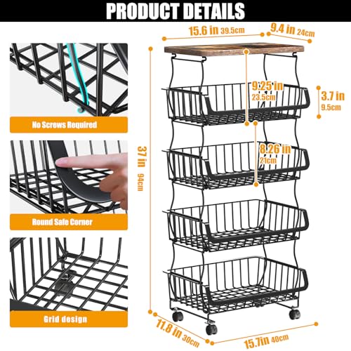 5-Tier Fruit and Vegetable Storage Basket Cart with Wheels & Wood Top