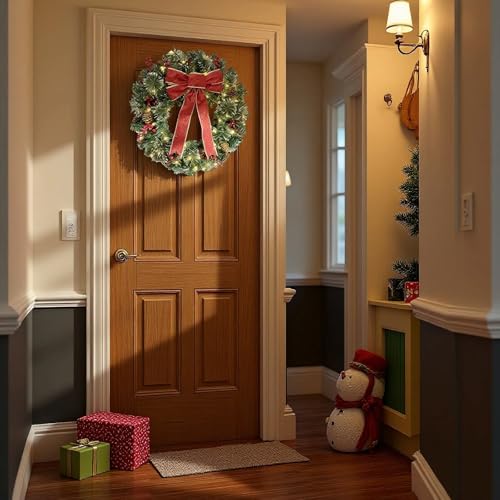 DiliComing 24 Inch Pre-Lit Christmas Wreath with White Lights for Front Door, Outdoor Decor