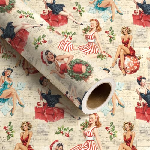 RUSPEPA Vintage Kraft Christmas Wrapping Paper Roll with Retro Pin-Up Girl - 17in x 16.4ft