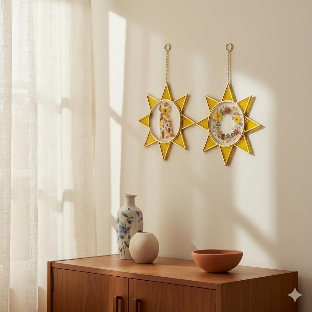 Sunburst Pressed Flower Frames - Decorative Double Glass Wall Art | Horizontal Display for Dried Flowers & Plants, Gold