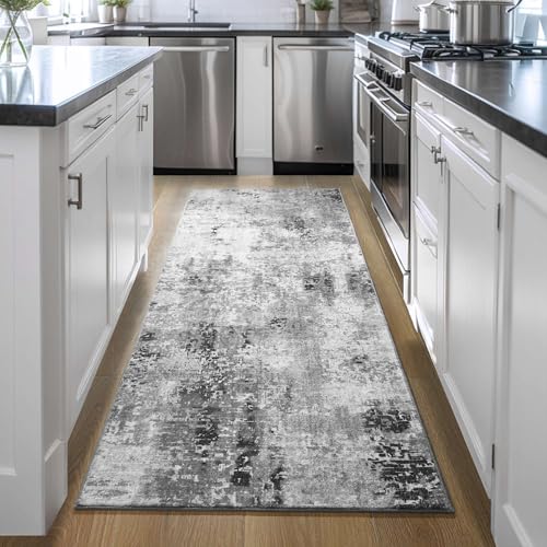 2x6 Abstract Runner Rug - Non-Slip Washable Grey Hallway Carpet