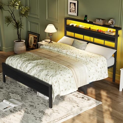 Full Size Metal Platform Bed Frame with Storage Headboard & LED Light