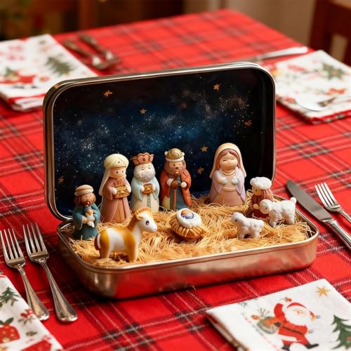 Handcrafted Mini Christmas Nativity Set in Tin Box - Pocket Size Figures