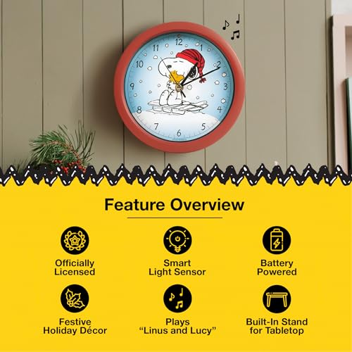 Peanuts Snoopy Christmas Sound Wall Clock with Sled Scene, 8 Inch