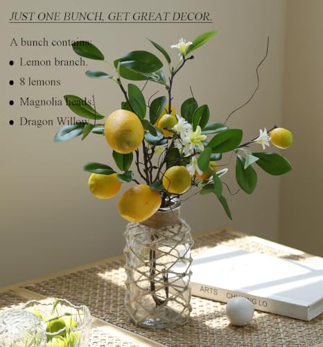 Handmade Artificial Lemon Branches with 8 Faux Lemons and Flowers