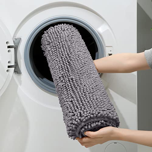 HOMEIDEAS 3-Piece Chenille Bathroom Rug Set, Soft Absorbent & Non-Slip Bath Mats, Grey