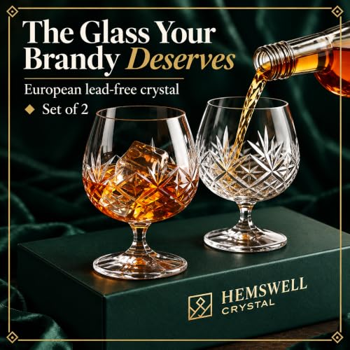 Hemswell Crystal Set of 2 Small Cognac Glasses - 8.5oz European Crystal Snifters for Whiskey & Brandy - Tapered Bowls, Hand Cut, Gift-Ready