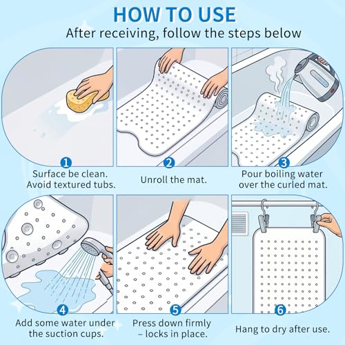 Shark Bath Mat for Tub, Extra Long Non-Slip Shower Mat with Suction Cups