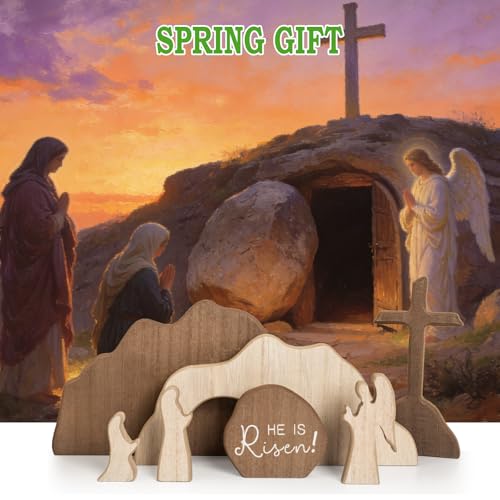 Wooden Easter Empty Tomb Scene Decor - He Is Risen Resurrection Figurine Set
