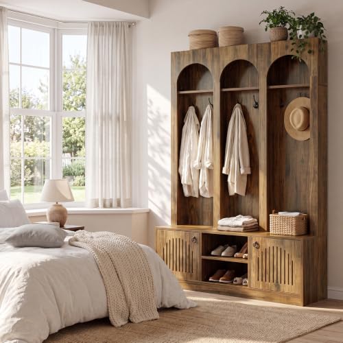 Farmhouse Rustic Entryway Coat Rack & Shoe Storage Bench - 71" Hall Tree
