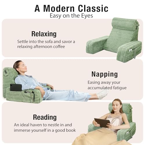 Ergonomic Reading Pillow with Large Pockets – 19" Backrest Cushion for Bed Sitting, Nursing, and Relaxing – Sage Green