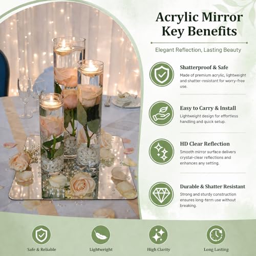 24 Pack 12x12 Inch Square Acrylic Mirror Tiles for Centerpieces and Wall Decor