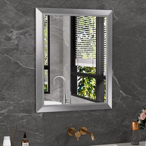 24x30 Inch Rectangular Bathroom Wall Mirror, Brushed Silver Metal Frame