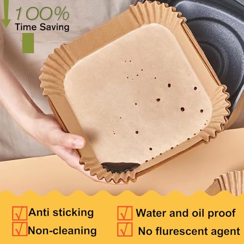 Square Air Fryer Disposable Paper Liners 9 Inch (125 Pack) Non-Stick Parchment