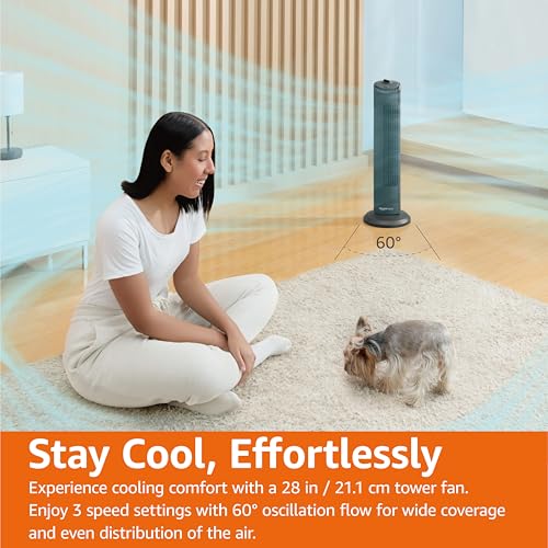Amazon Basics 28 Inch 3-Speed Oscillating Tower Fan for Bedroom