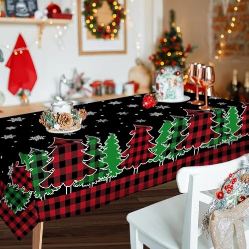 Pinata Black Buffalo Plaid Christmas Tablecloth 60 x 102 Rectangle with Christmas Trees & Snowflakes
