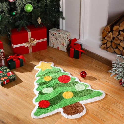 Tinideya Christmas Tree Bath Mat Non-Slip Absorbent 29.5x25.2 in