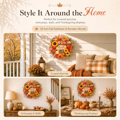 22-Inch Lighted Fall Wreath with Pumpkin, Sunflowers and Removable Sign