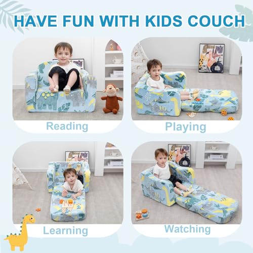 2-in-1 Foldable Kids Sofa Chair & Couch with Blanket - Green Dinosaur