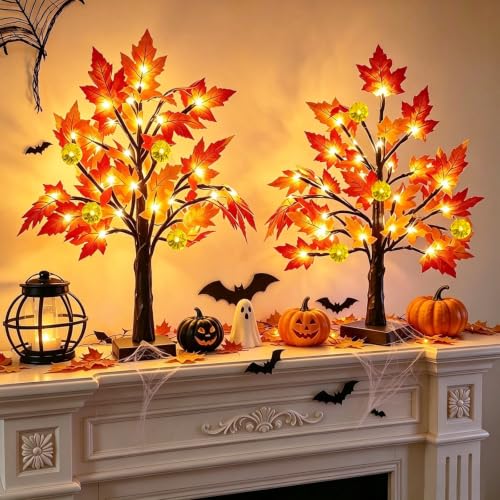 Prelit Fall Maple Tree Decor - 18 Inch, 2 Pack with Timer & LEDs
