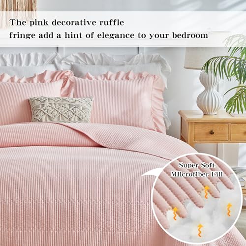 Pink Ruffled Quilt Set, Twin Size Lightweight Farmhouse Bedspread with Sham
