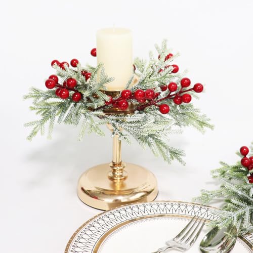 FBIRDY 2pcs Small Christmas Wreath Candle Rings with Red Berries - Candle Rings 03