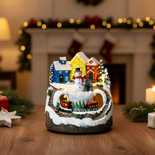 Animated Musical Christmas Village Decor with Rotating Train & LED Lights