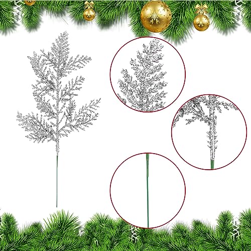 Watayo 45 Pcs Silver Glitter Artificial Pine Needles for Christmas Decorations