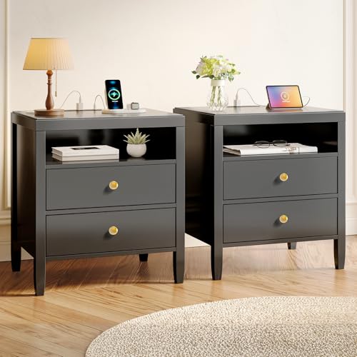 Black Nightstand Set of 2 with Charging Station and 2 Drawers