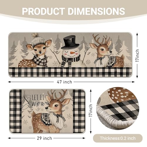 Winter Reindeer Snowman Kitchen Rugs Set of 2 Snowman Deer Variation - 17x29 & 17x47 Inches