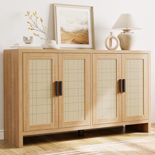 Rattan Buffet Cabinet with 4 Doors, Farmhouse Sideboard Storage Credenza