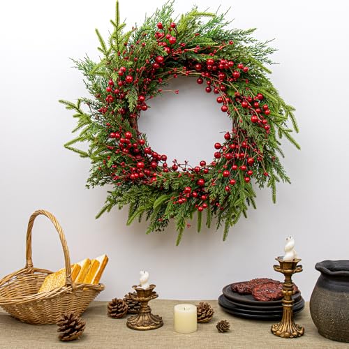 20-Inch Classic Christmas Wreath with Red Berries & Norfolk Pine - Rustic Front Door Decor