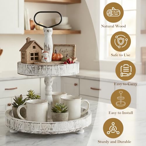 Horse Rustic 2-Tier Wooden Serving Tray, 18.5x12.5 White Farmhouse Cupcake Stand